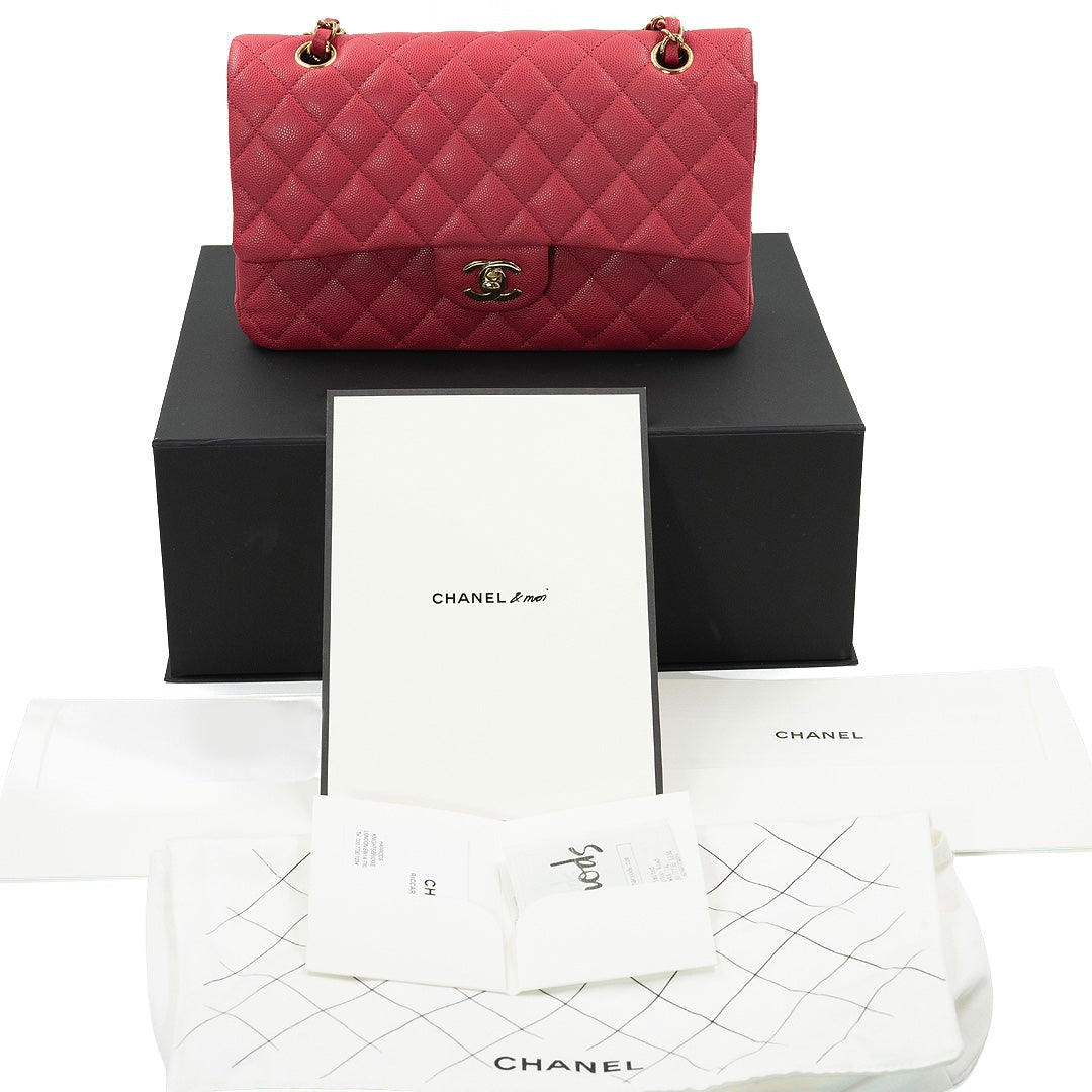 Chanel Medium Classic Double Flap Shoulder Bag in Pink Quilted Caviar Leather - Gemaee  UAE