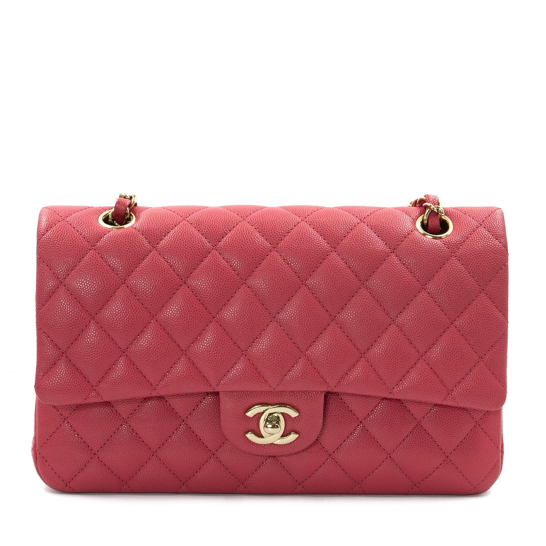 Chanel Medium Classic Double Flap Shoulder Bag in Pink Quilted Caviar Leather - Gemaee  UAE