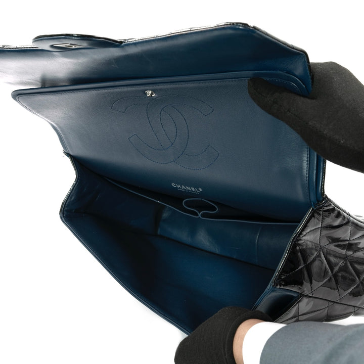 Chanel Black Maxi Classic Double Flap Bag in Patent Leather with Silver Tone Hardware - Gemaee  UAE