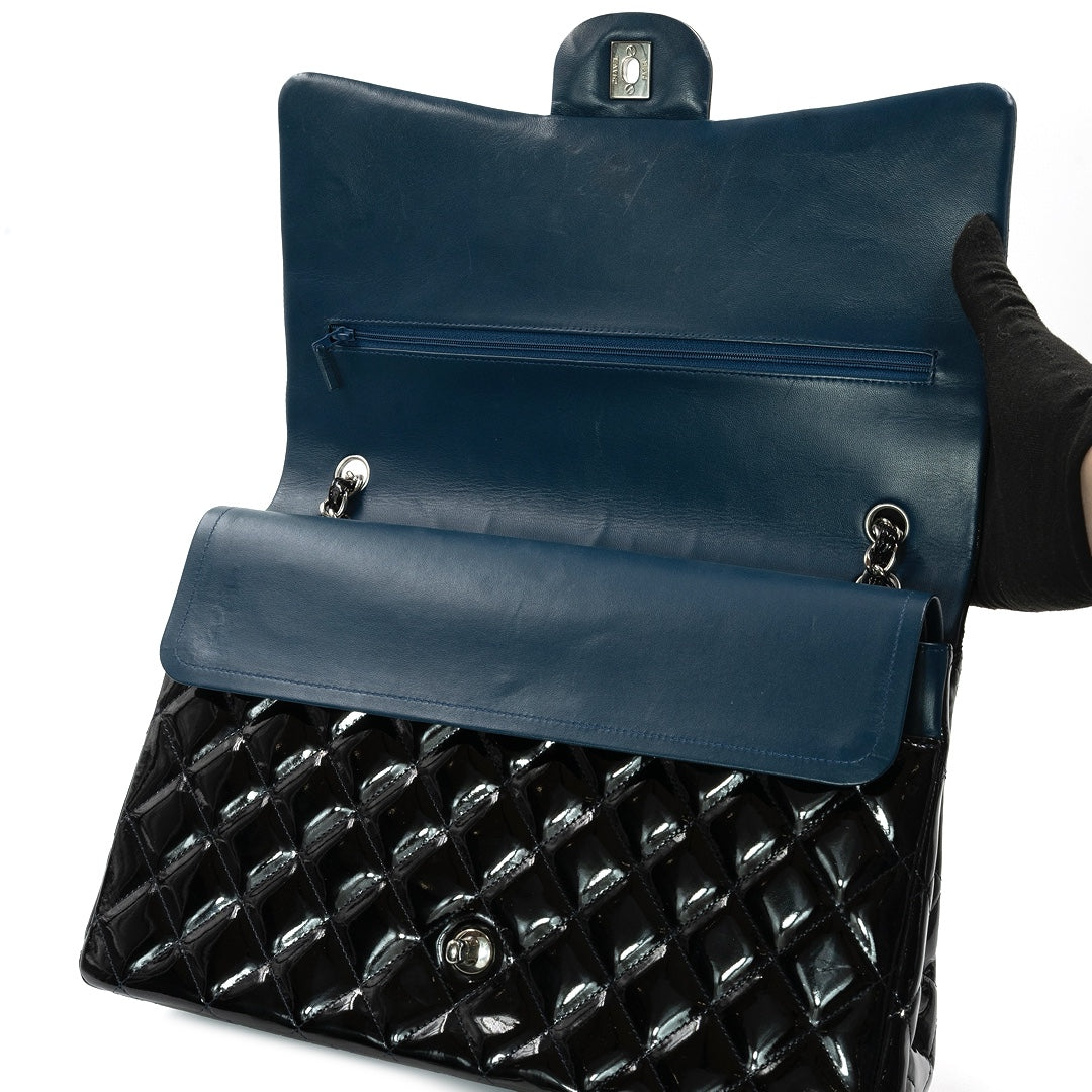 Chanel Black Maxi Classic Double Flap Bag in Patent Leather with Silver Tone Hardware - Gemaee  UAE