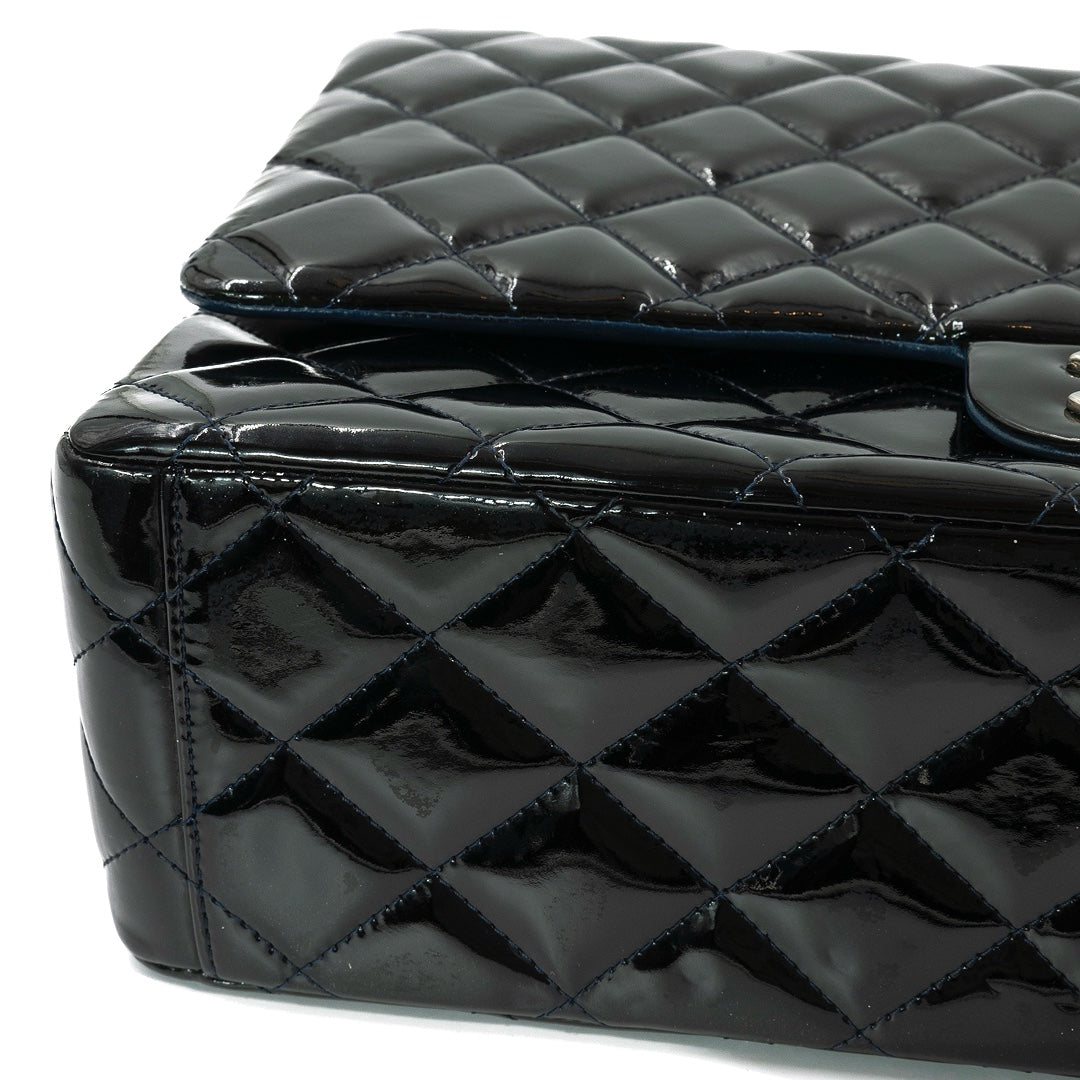 Chanel Black Maxi Classic Double Flap Bag in Patent Leather with Silver Tone Hardware - Gemaee  UAE