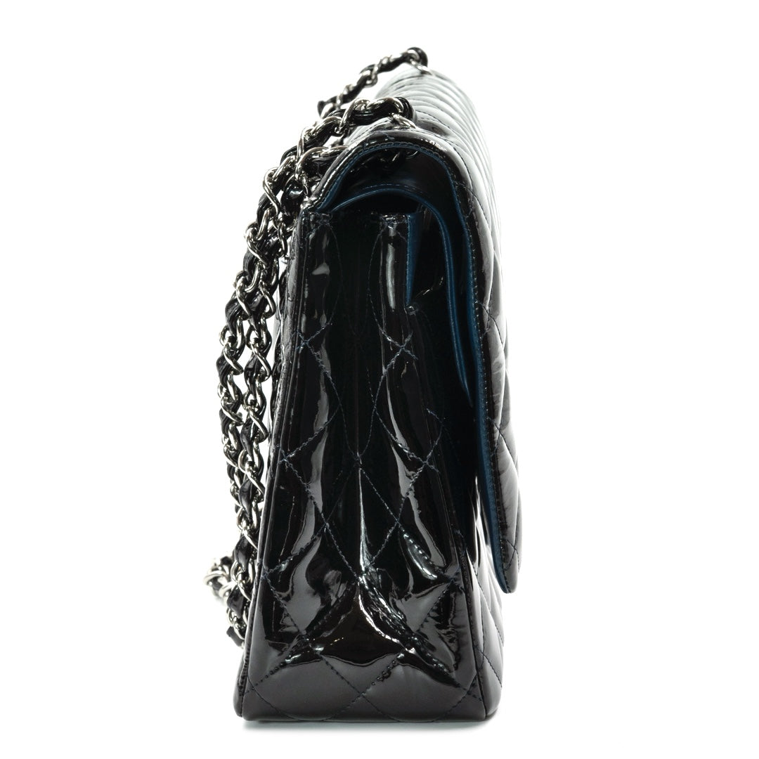 Chanel Black Maxi Classic Double Flap Bag in Patent Leather with Silver Tone Hardware - Gemaee  UAE