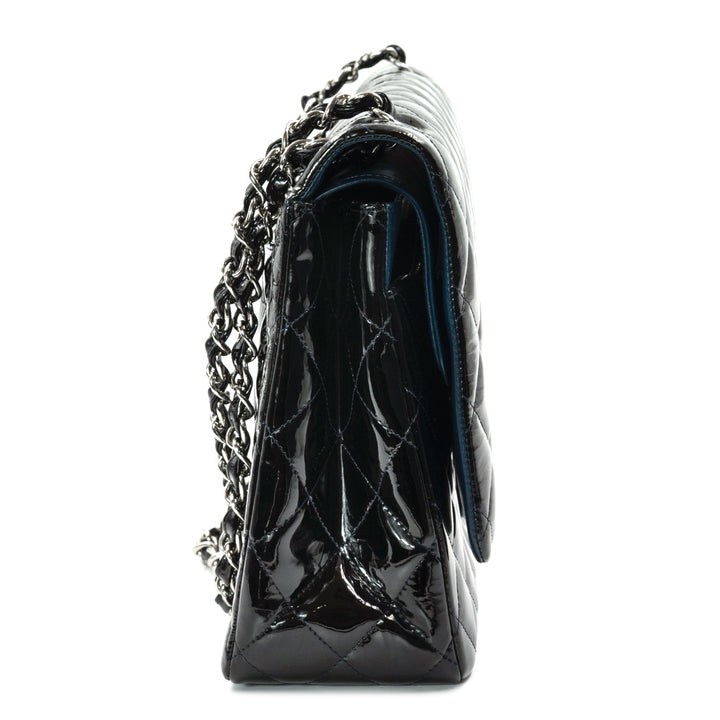 Chanel Black Maxi Classic Double Flap Bag in Patent Leather with Silver Tone Hardware - Gemaee  UAE