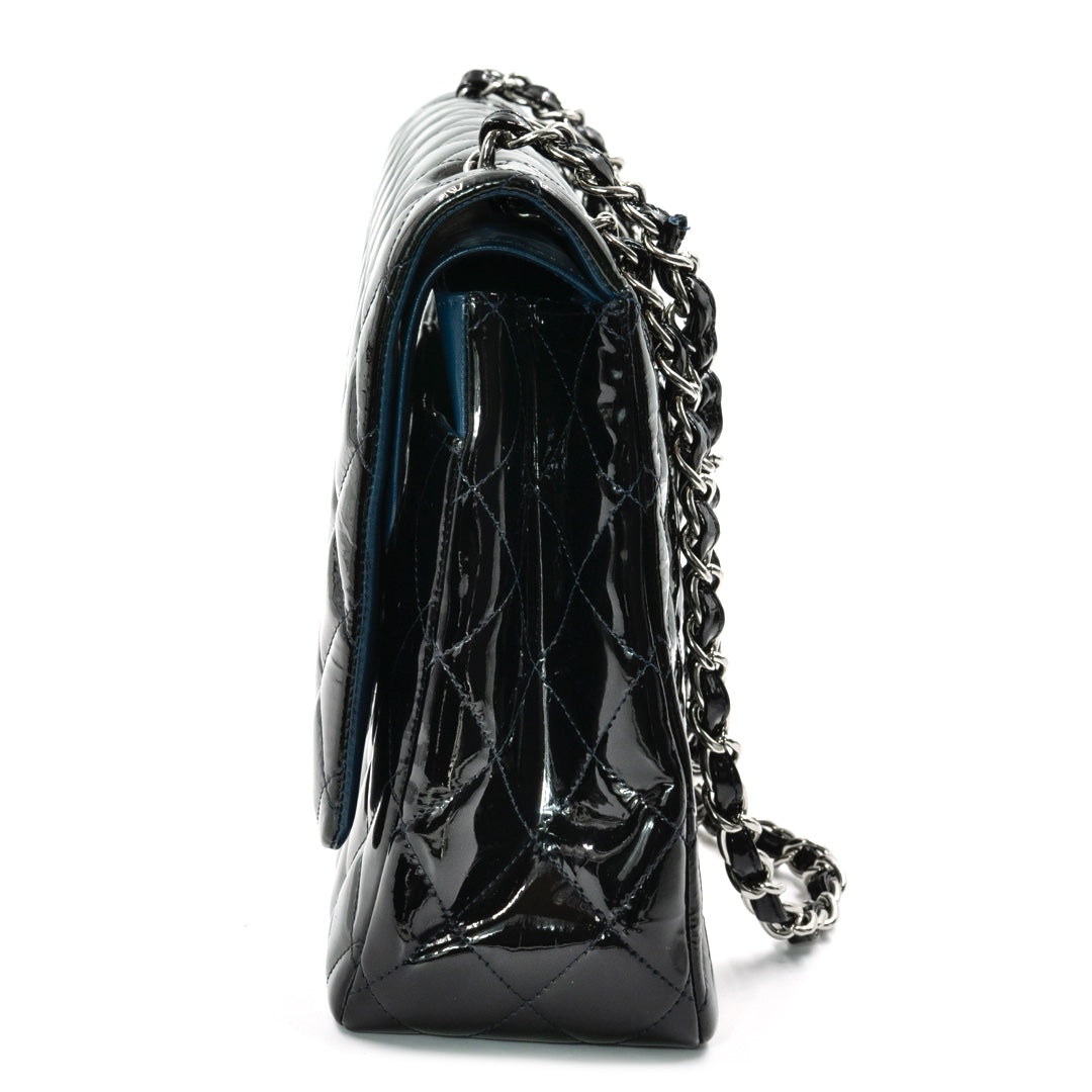 Chanel Black Maxi Classic Double Flap Bag in Patent Leather with Silver Tone Hardware - Gemaee  UAE