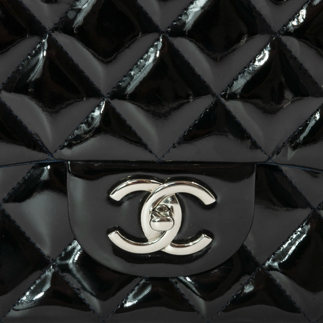 Chanel Black Maxi Classic Double Flap Bag in Patent Leather with Silver Tone Hardware - Gemaee  UAE