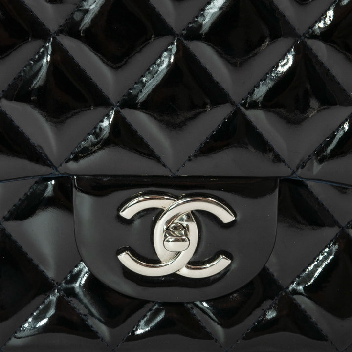 Chanel Black Maxi Classic Double Flap Bag in Patent Leather with Silver Tone Hardware - Gemaee  UAE