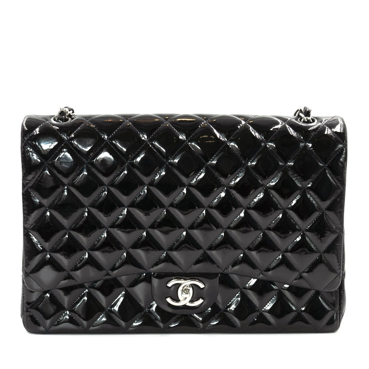 Chanel Black Maxi Classic Double Flap Bag in Patent Leather with Silver Tone Hardware - Gemaee  UAE