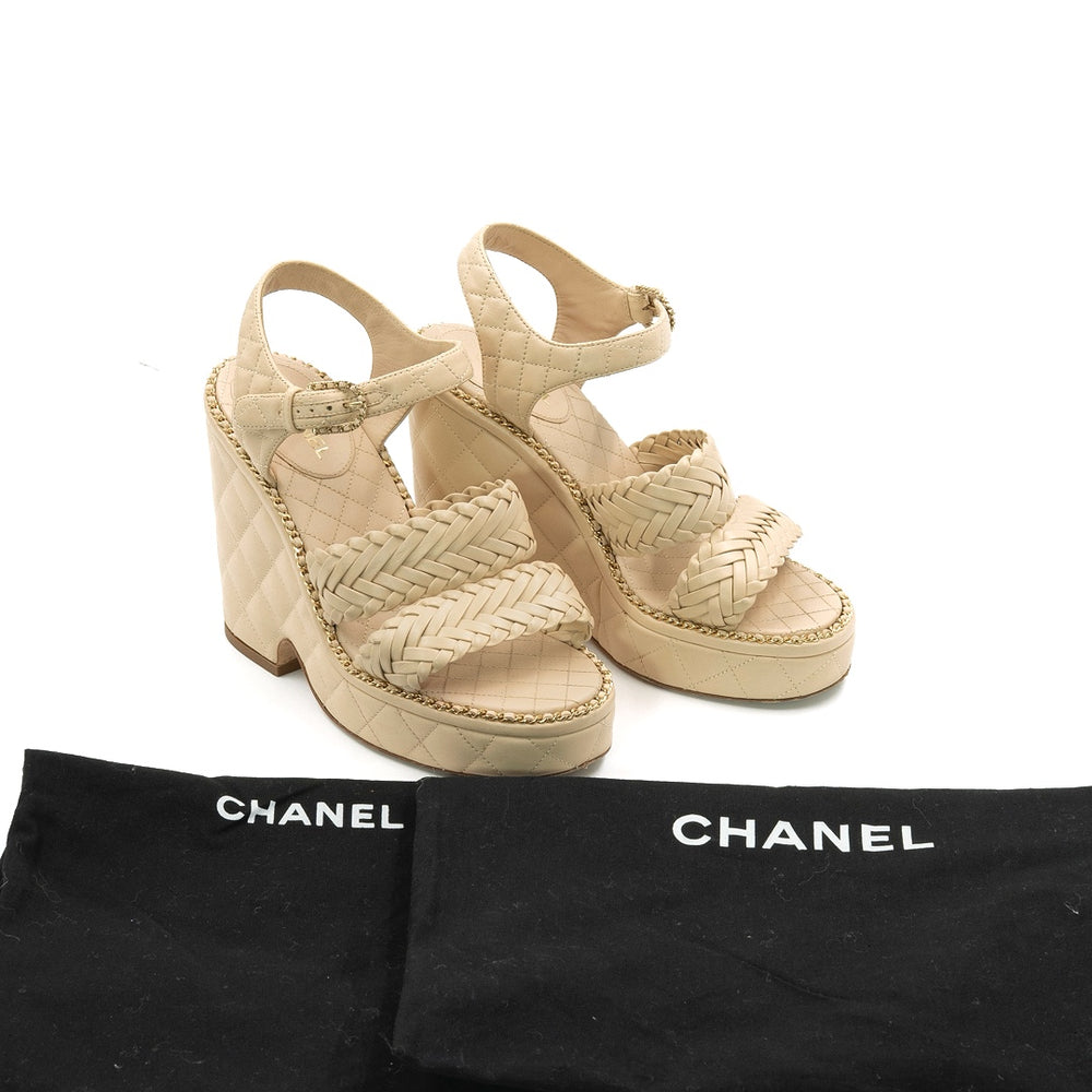 Chanel Beige Quilted Calfskin Chain Link Platform Wedge Sandals - Gemaee  UAE