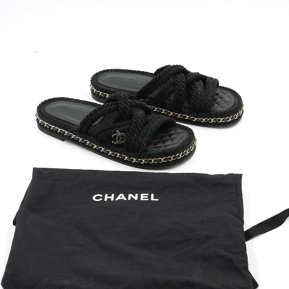 Chanel Black Rope CC Chain Link Leather Sandals - Gemaee  UAE