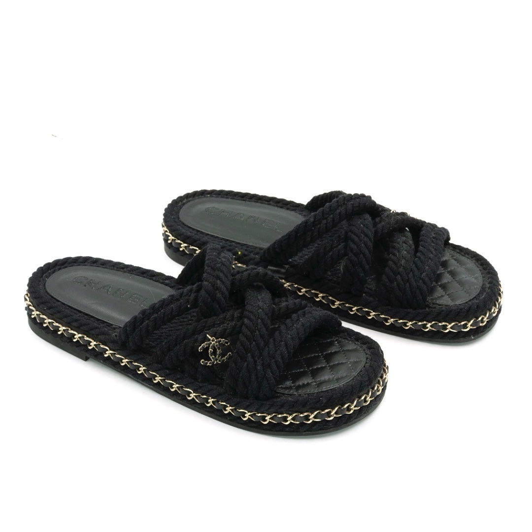 Chanel Black Rope CC Chain Link Leather Sandals - Gemaee  UAE