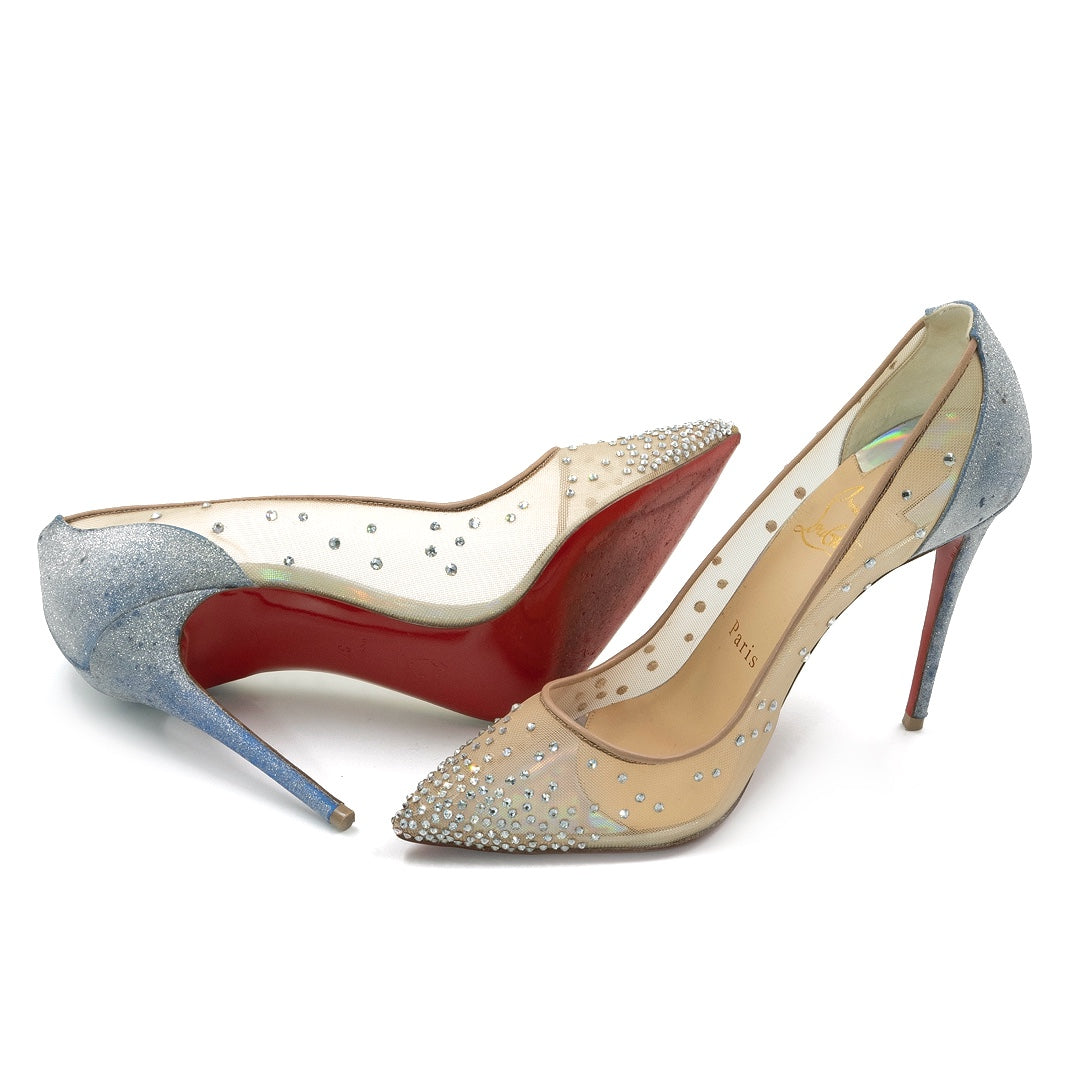 Christian Louboutin Follies Strass Sheer Mesh Crystal Pumps with Glitter Heel - Gemaee  UAE