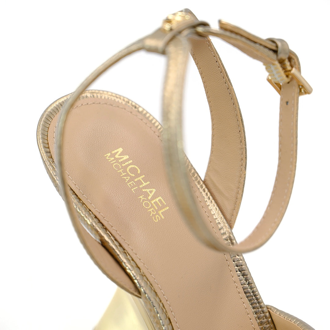 Michael Kors Nadina Metallic Lizzard Embossed Leather wedge sandals