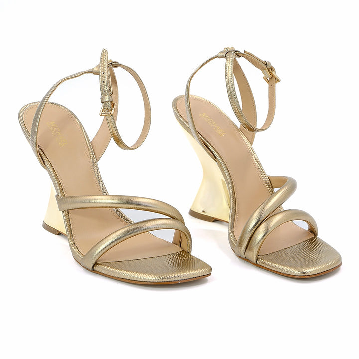 Michael Kors Nadina Metallic Lizzard Embossed Leather wedge sandals
