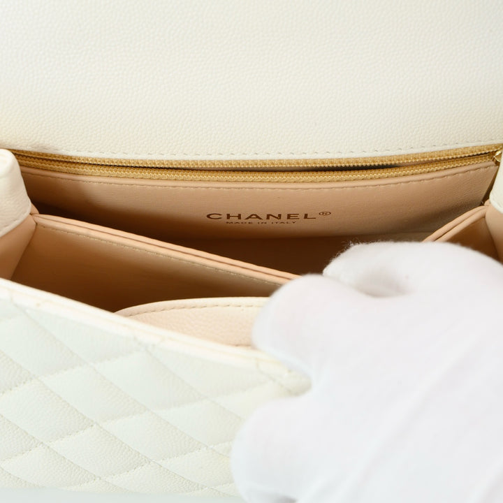 Chanel White Grained Calfskin Leather Flap Bag with Top Handle