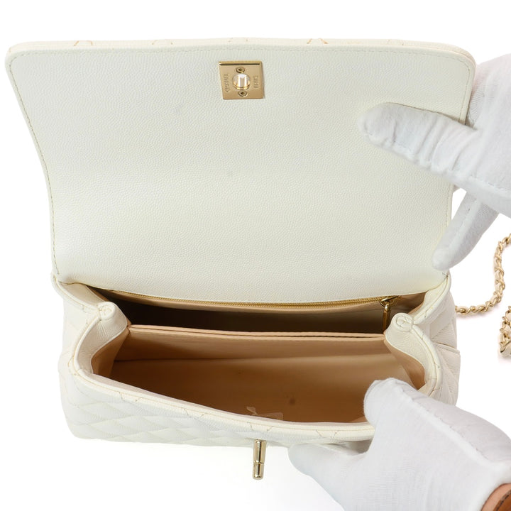 Chanel White Grained Calfskin Leather Flap Bag with Top Handle