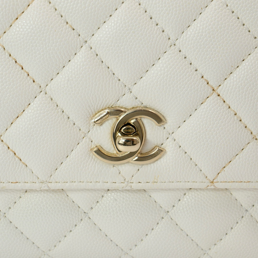 Chanel White Grained Calfskin Leather Flap Bag with Top Handle