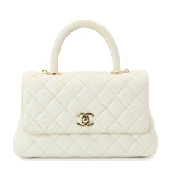 Chanel White Grained Calfskin Leather Flap Bag with Top Handle