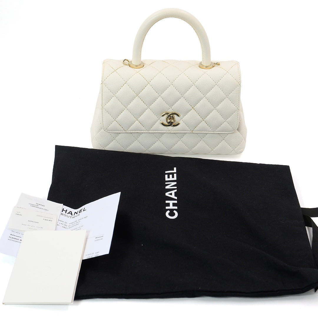 Chanel White Grained Calfskin Leather Flap Bag with Top Handle