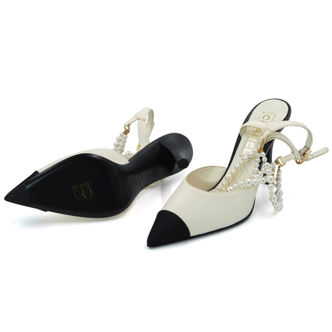 Chanel Lambskin Grosgrain Cap Toe Pearl Slingback Pumps - Gemaee  UAE