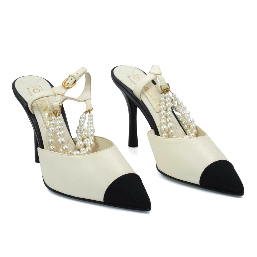 Chanel Lambskin Grosgrain Cap Toe Pearl Slingback Pumps - Gemaee  UAE