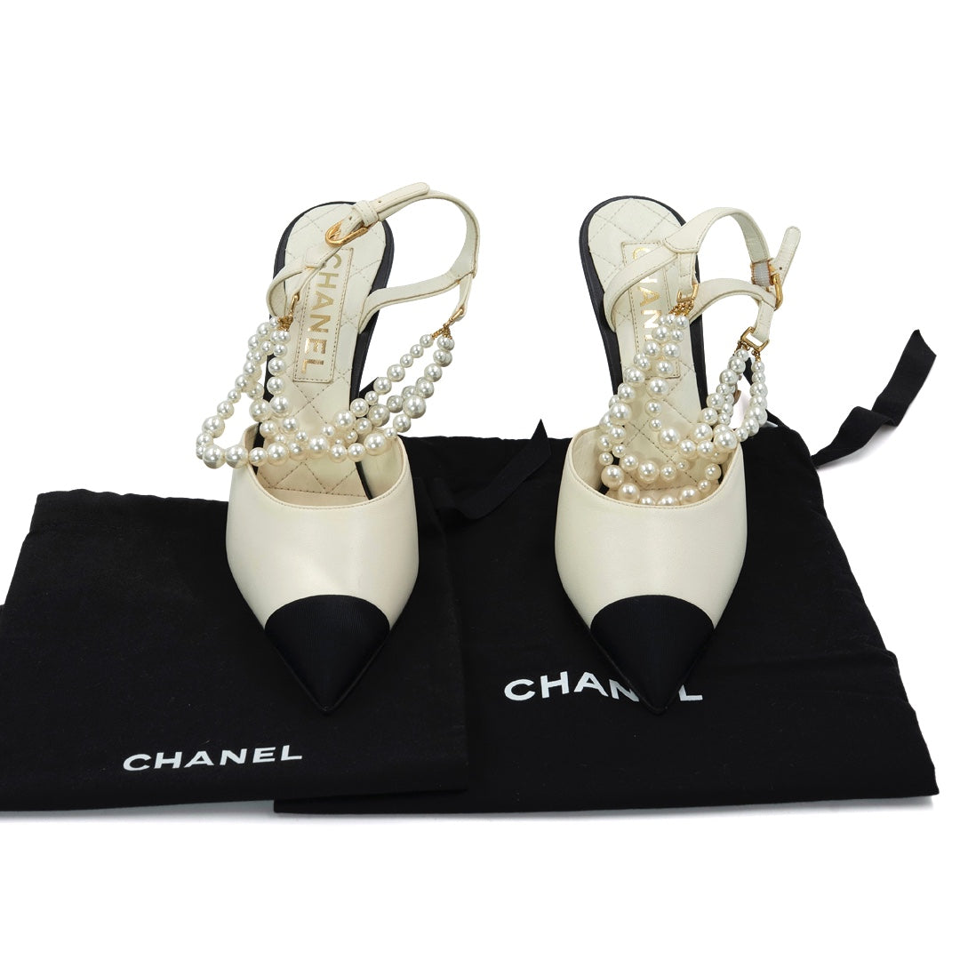 Chanel Lambskin Grosgrain Cap Toe Pearl Slingback Pumps - Gemaee  UAE