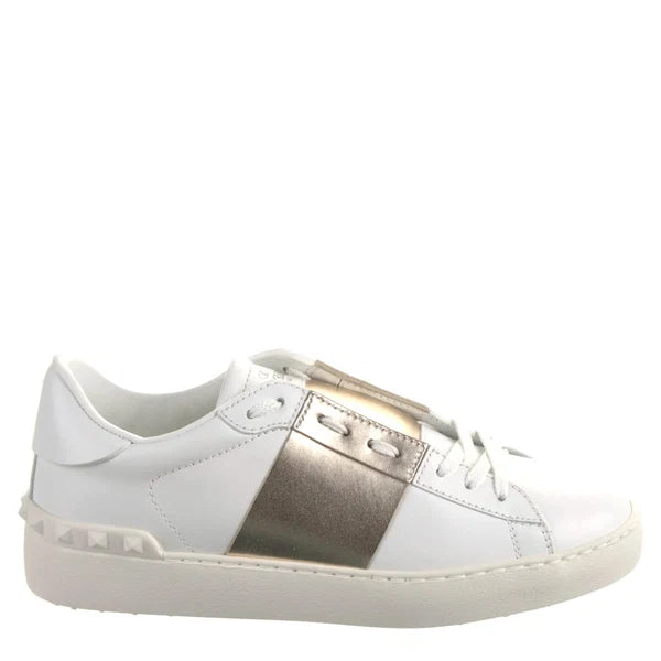 Valentino Garavani White Leather Rockstud Sneakers with Metallic Leather Stripe