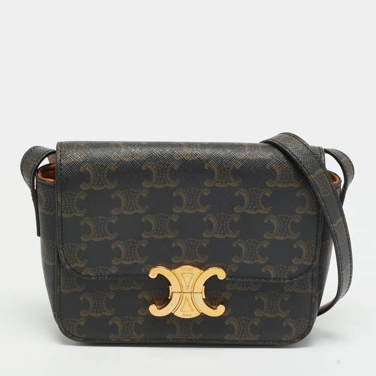 Céline Claude Black and Brown Triomphe Coated Canvas Shoulder Bag