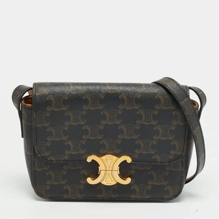 Céline Claude Black and Brown Triomphe Coated Canvas Shoulder Bag