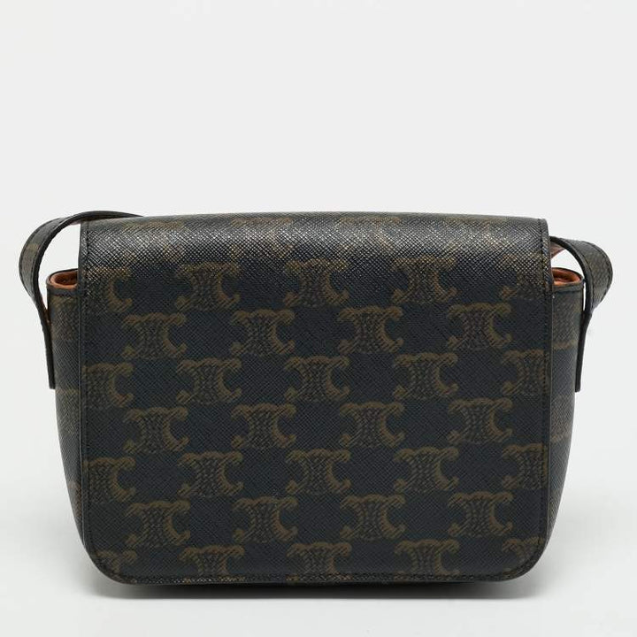 Céline Claude Black and Brown Triomphe Coated Canvas Shoulder Bag
