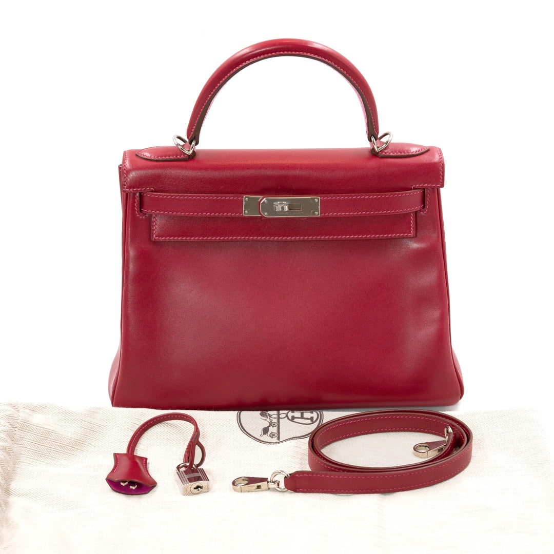 Hermès Kelly 28 Bag in Red Box Leather with Palladium Hardware and Pink Interior - Gemaee  UAE