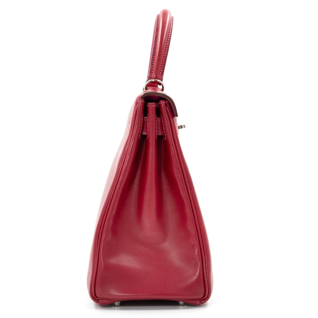Hermès Kelly 28 Bag in Red Box Leather with Palladium Hardware and Pink Interior - Gemaee  UAE