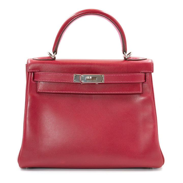 Hermès Kelly 28 Bag in Red Box Leather with Palladium Hardware and Pink Interior - Gemaee  UAE