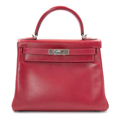 Hermès Kelly 28 Bag in Red Box Leather with Palladium Hardware and Pink Interior