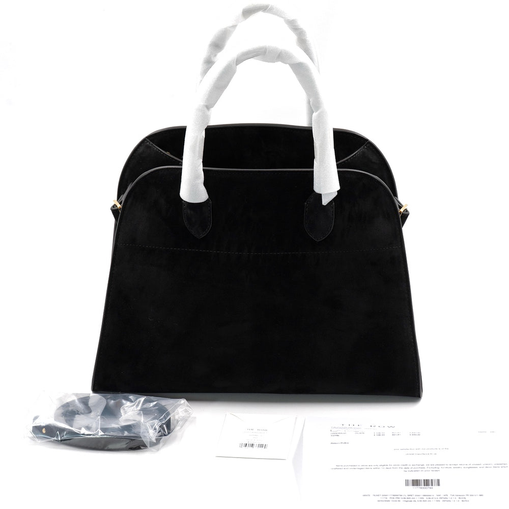 The Row Soft Margaux 12 Top Handle Bag in Black Suede with Gold Hardware - Gemaee  UAE
