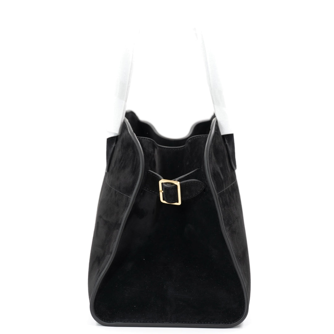 The Row Soft Margaux 12 Top Handle Bag in Black Suede with Gold Hardware - Gemaee  UAE