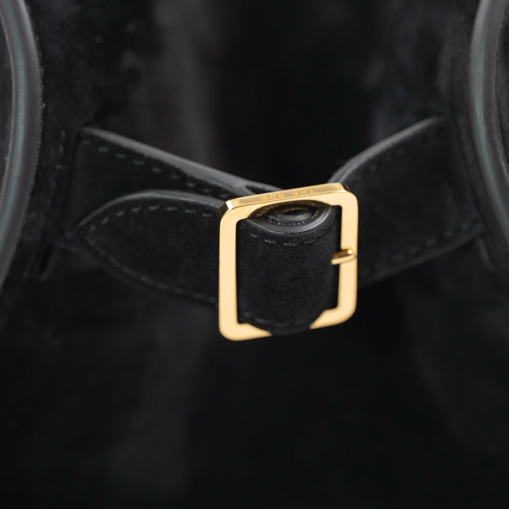 The Row Soft Margaux 12 Top Handle Bag in Black Suede with Gold Hardware - Gemaee  UAE
