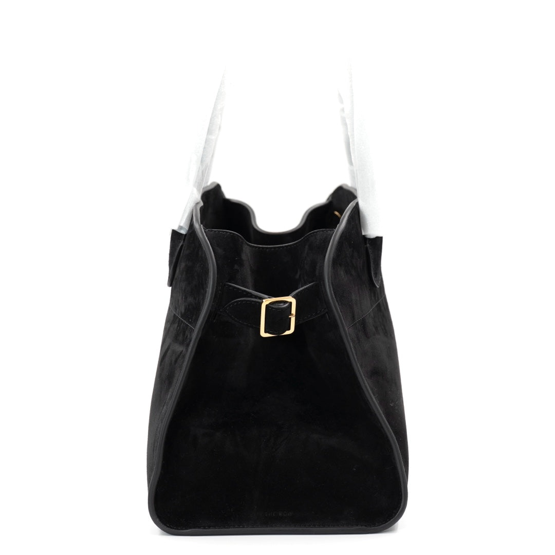 The Row Soft Margaux 12 Top Handle Bag in Black Suede with Gold Hardware - Gemaee  UAE