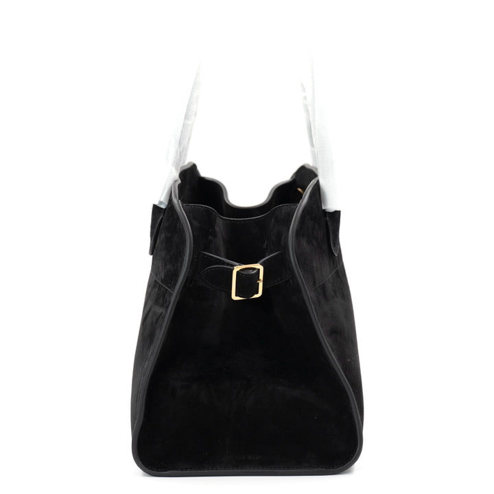 The Row Soft Margaux 12 Top Handle Bag in Black Suede with Gold Hardware - Gemaee  UAE