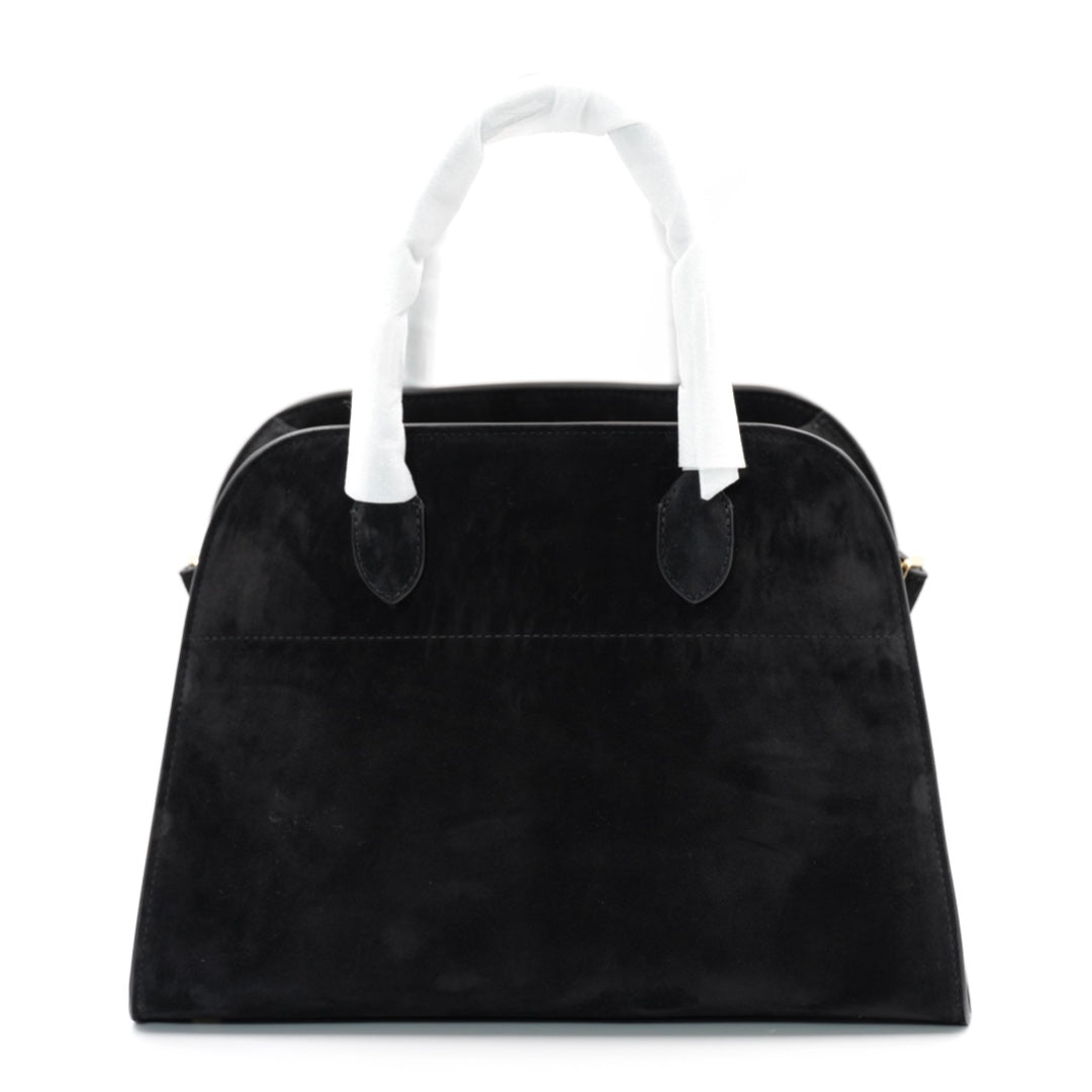 The Row Soft Margaux 12 Top Handle Bag in Black Suede with Gold Hardware - Gemaee  UAE
