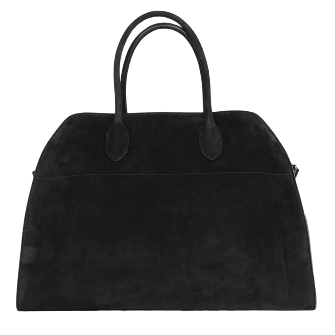 The Row Soft Margaux 12 Top Handle Bag in Black Suede with Gold Hardware - Gemaee  UAE