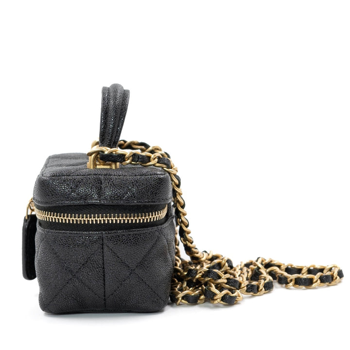 Chanel Mini Vanity Case with Chain in Black Quilted Caviar Leather with Gold Hardware - Gemaee  UAE