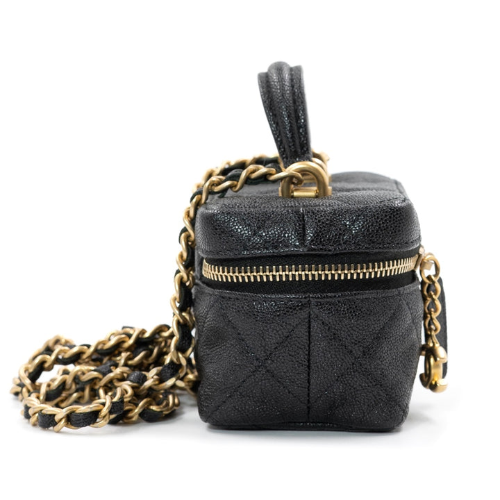 Chanel Mini Vanity Case with Chain in Black Quilted Caviar Leather with Gold Hardware - Gemaee  UAE