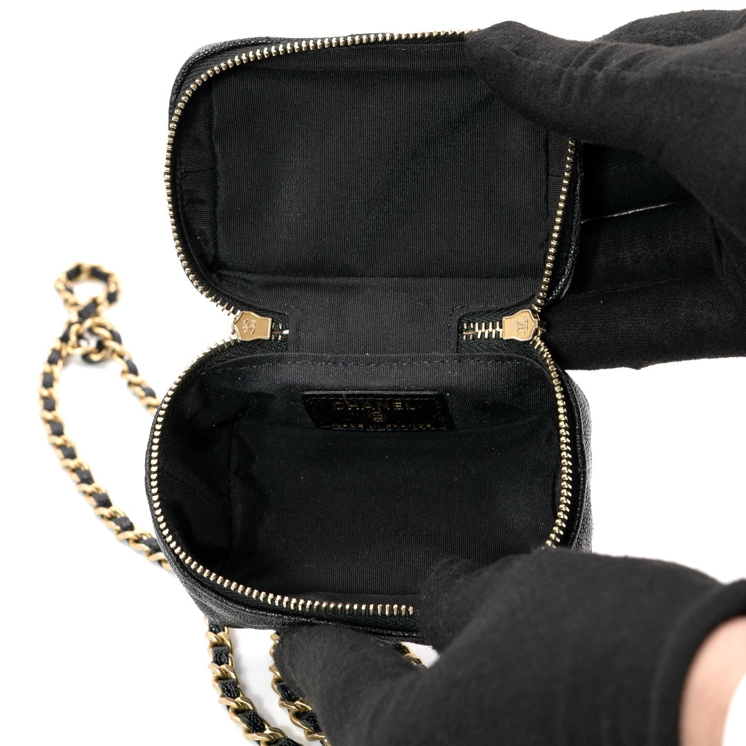 Chanel Mini Vanity Case with Chain in Black Quilted Caviar Leather with Gold Hardware - Gemaee  UAE