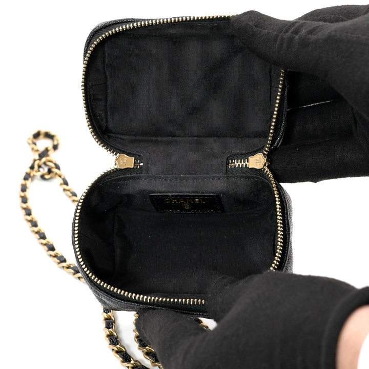 Chanel Mini Vanity Case with Chain in Black Quilted Caviar Leather with Gold Hardware - Gemaee  UAE