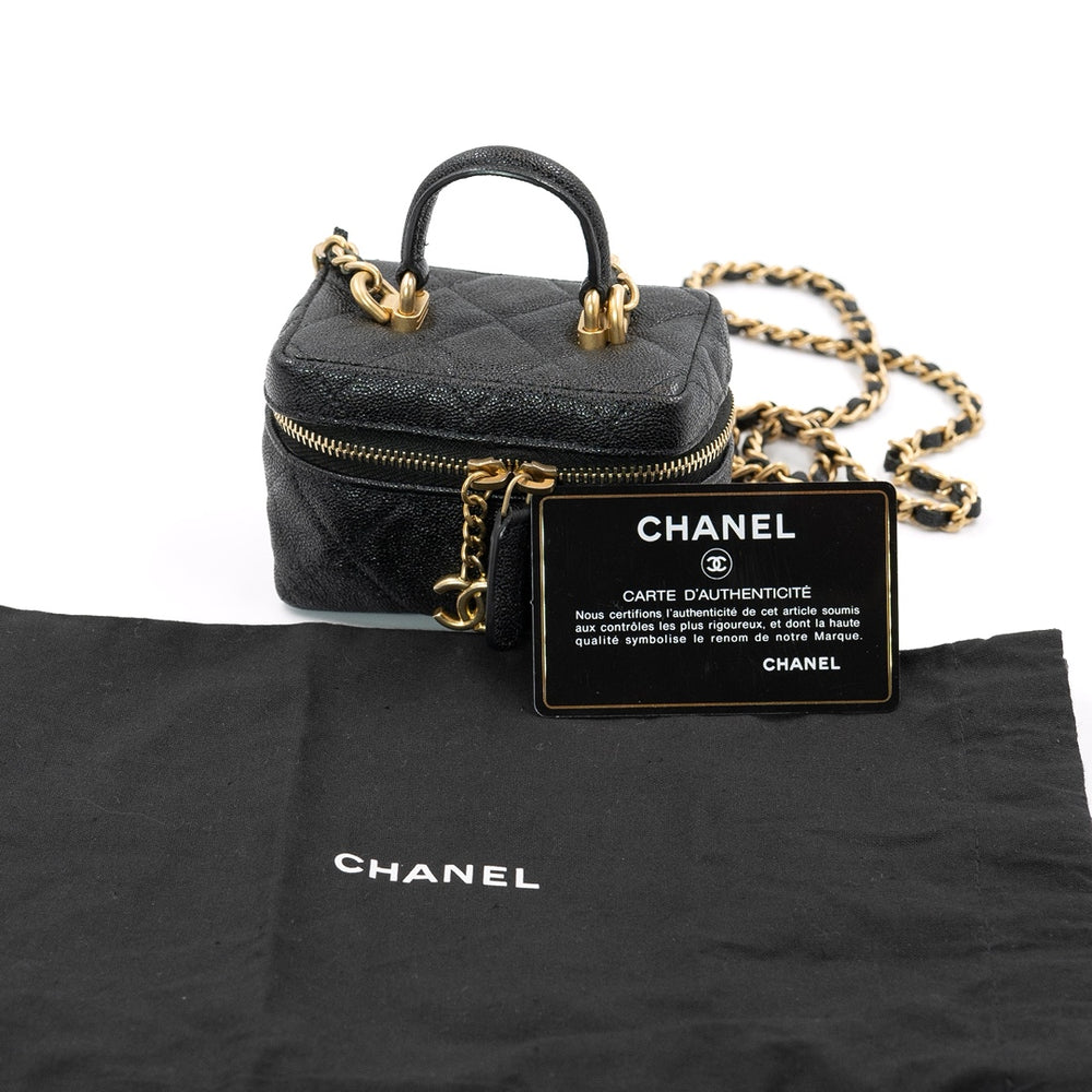 Chanel Mini Vanity Case with Chain in Black Quilted Caviar Leather with Gold Hardware - Gemaee  UAE