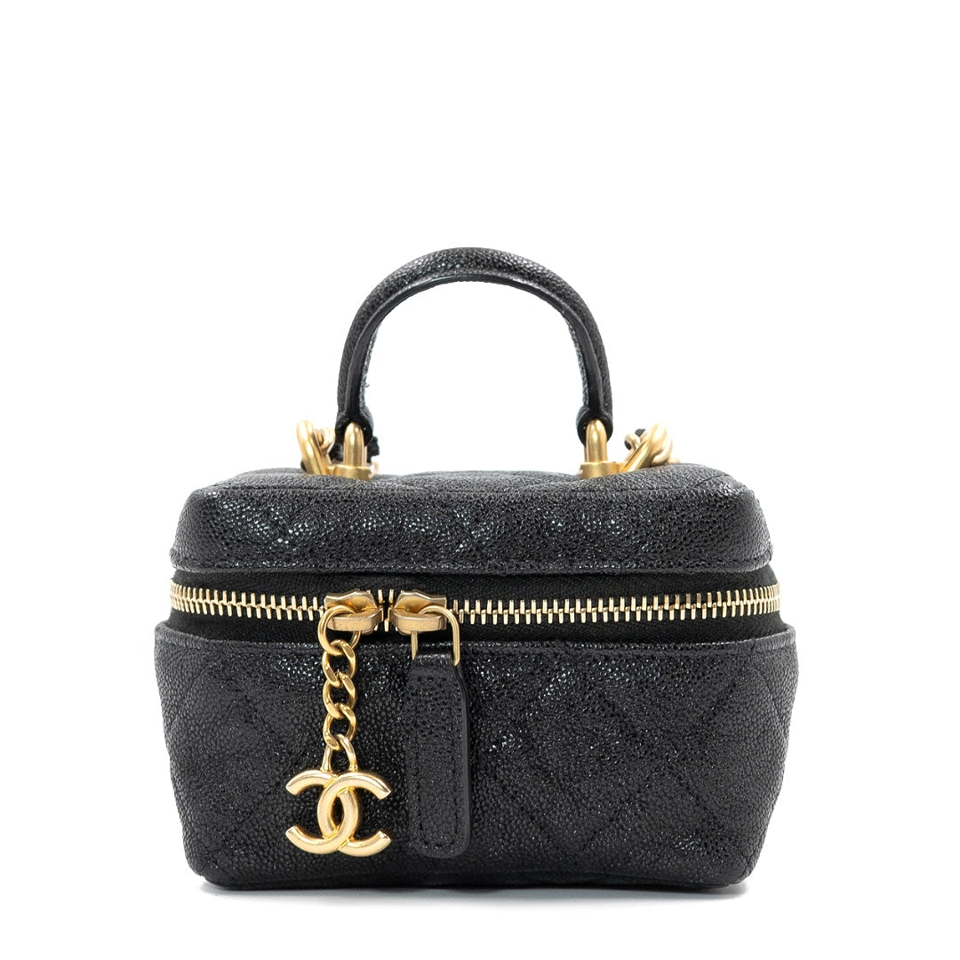 Chanel Mini Vanity Case with Chain in Black Quilted Caviar Leather with Gold Hardware - Gemaee  UAE