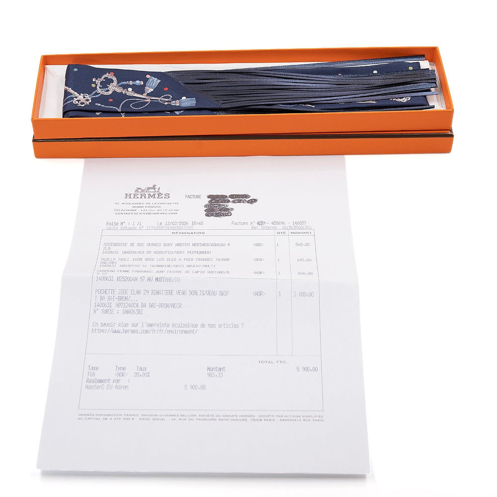 Hermès Les Clés à Pois Leather Fringes Twilly Silk Scarf Bleu Marine Gris Argent Multicolore - Gemaee  UAE