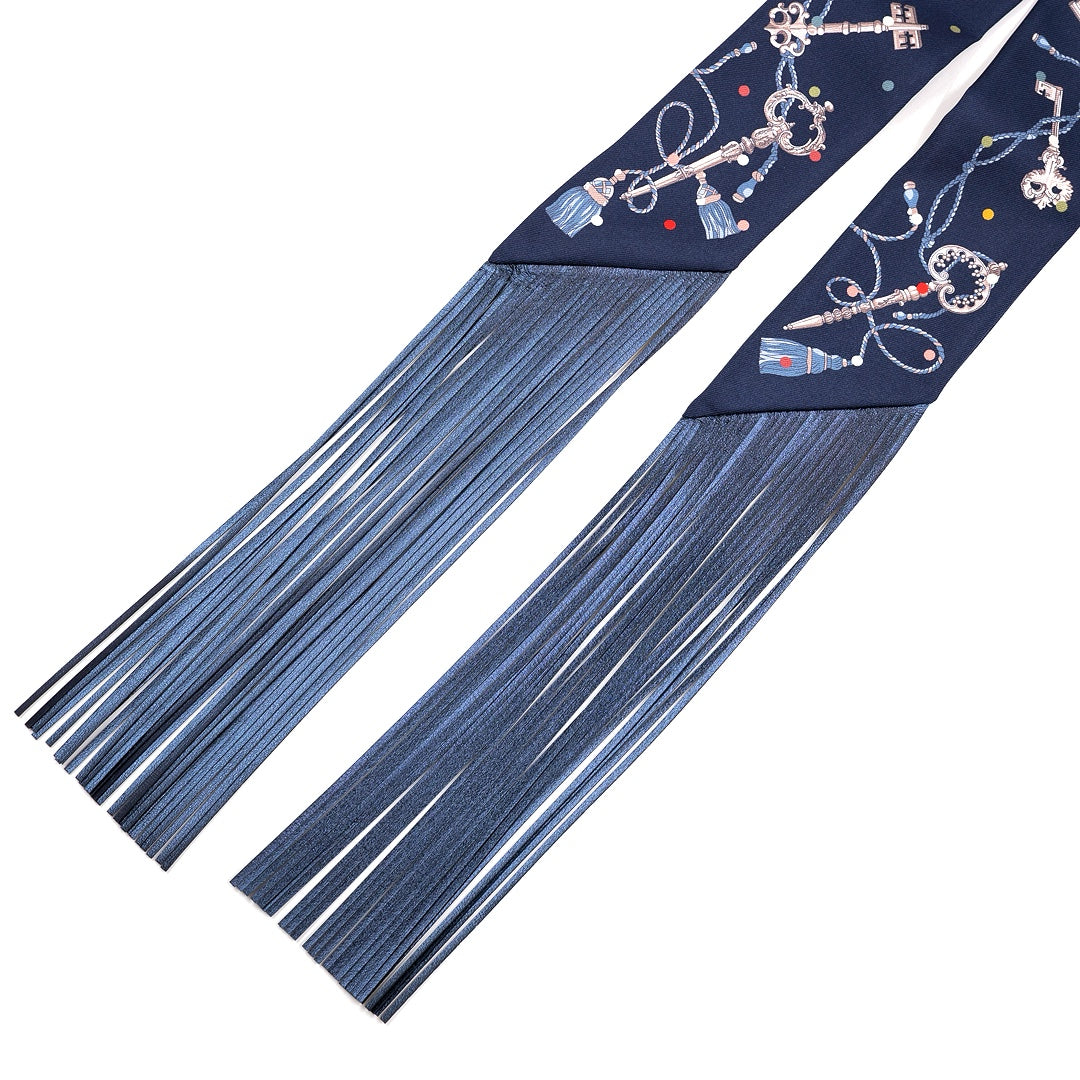 Hermès Les Clés à Pois Leather Fringes Twilly Silk Scarf Bleu Marine Gris Argent Multicolore - Gemaee  UAE