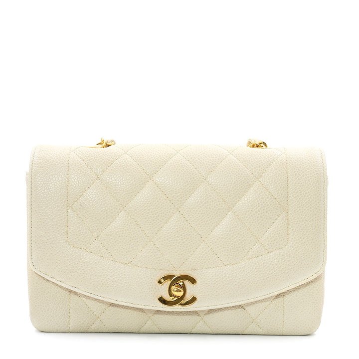 Chanel Vintage Small Diana Flap Bag in Ivory Quilted Caviar Leather with Gold Hardware - Gemaee  UAE