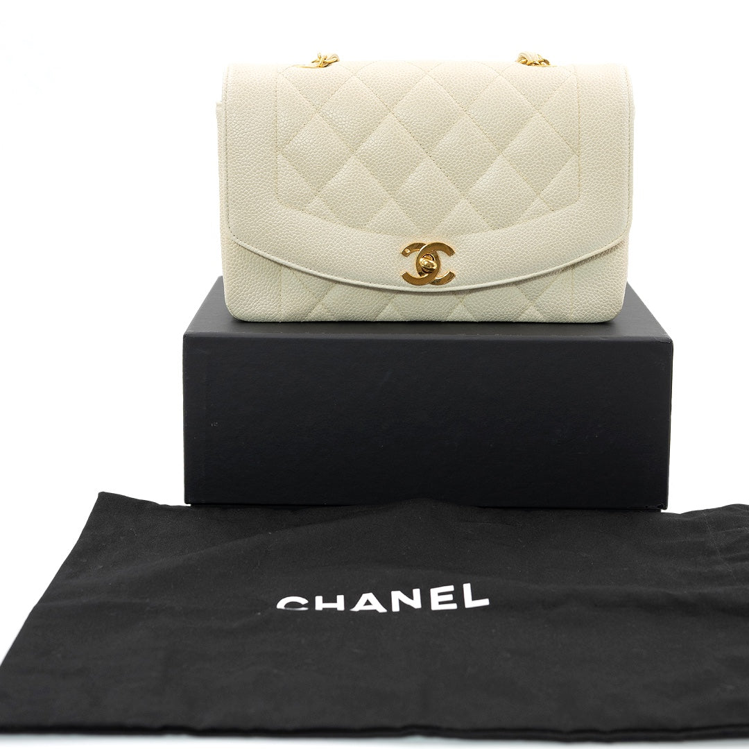 Chanel Vintage Small Diana Flap Bag in Ivory Quilted Caviar Leather with Gold Hardware - Gemaee  UAE
